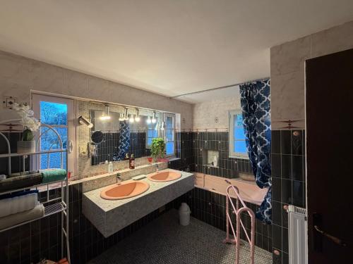 a bathroom with two sinks and a large mirror at Les Pierres Du Périgord 200 in Couze-et-Saint-Front