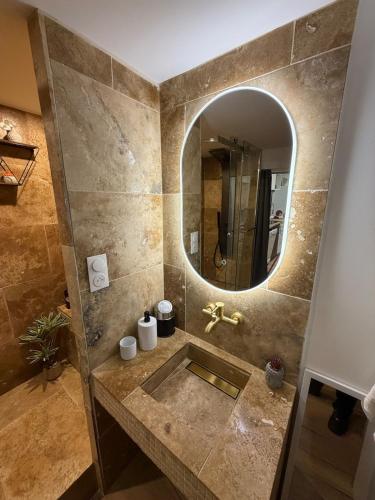 a bathroom with a sink and a mirror at Charmant appartement Chaleureux in Hyères