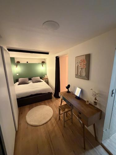 a bedroom with a bed and a desk with a laptop at Charmant appartement Chaleureux in Hyères