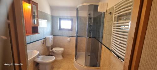 a bathroom with a toilet and a sink and a shower at Casa Rasaritul Soarelui Sarichioi in Sarichioi