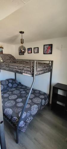 a bedroom with a bunk bed with a blue and white bedspread at Piso Ana appartement Cosy et moderne, Climatisé été, hiver in Campillos