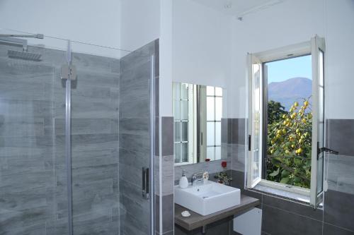 uma casa de banho com um lavatório e um chuveiro com uma janela em B&B Maison Blanche em Pompeia