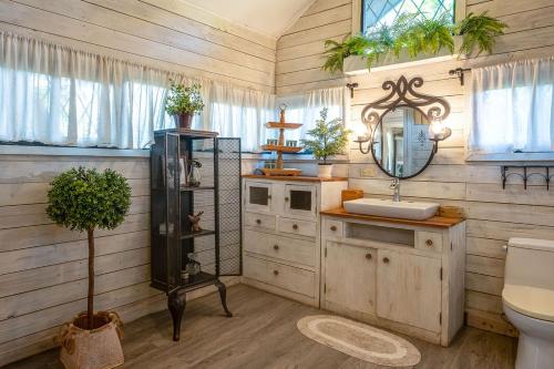 a bathroom with a sink and a toilet and a mirror at The Tree Cabins Quinta Pavo Real by AcoModo in San José