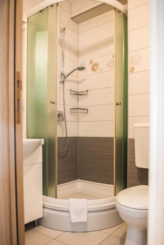 a bathroom with a shower and a toilet at Hotel Pervan in Međugorje