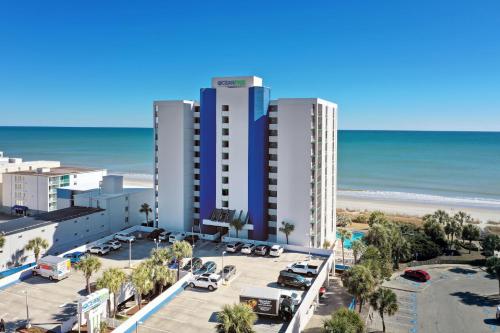an aerial view of the beach and buildings at Ocean Park Resort in Myrtle Beach