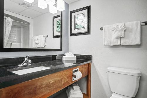 a bathroom with a sink and a toilet and a mirror at Ocean Park Resort in Myrtle Beach