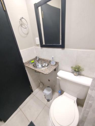 a bathroom with a toilet and a sink and a mirror at Mendoza in Posadas