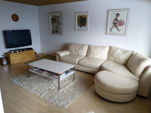 a living room with a white couch and a coffee table at Family-friendly apartement in Lumbrein