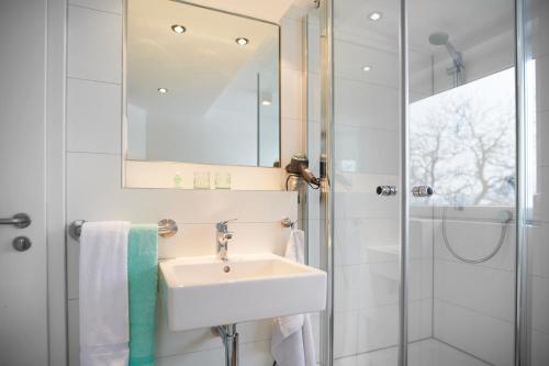 a bathroom with a sink and a shower at Das Weinberghaus in Fellbach