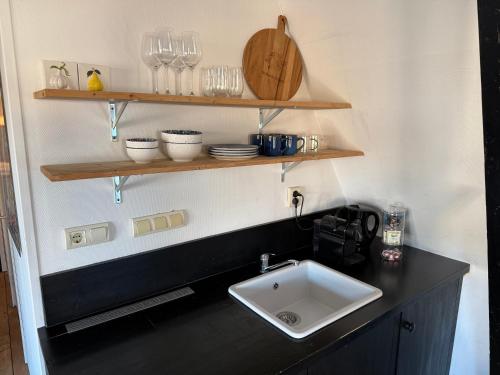 a kitchen counter with a sink and shelves with glasses at Apartment in the city center near the Waterpoort in Sneek