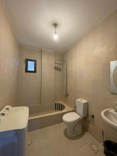 a bathroom with a toilet and a tub and a sink at Jerash Skyline in Jerash