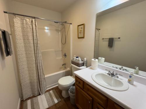 a bathroom with a sink and a toilet and a shower at Magnolia place in Cleveland