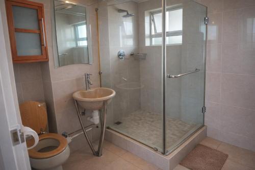 a bathroom with a shower and a sink and a toilet at 32 Warnadoone- On Warner beach-Amanzimtoti in Kingsborough