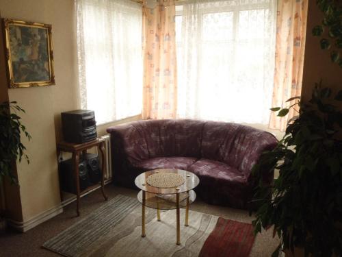 salon z brązową skórzaną kanapą i stołem w obiekcie Hotel Green House w Cieplicach