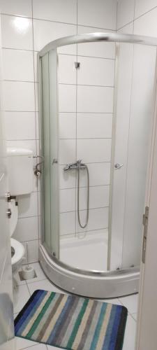 a shower with a glass door in a bathroom at Apartmani METRO in Loznica