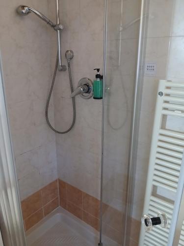 a shower with a glass door with a shower head at Casa Chiarli-Belforte Monferrato in Tagliolo Monferrato