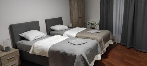 two beds sitting next to each other in a room at Apartmani METRO in Loznica