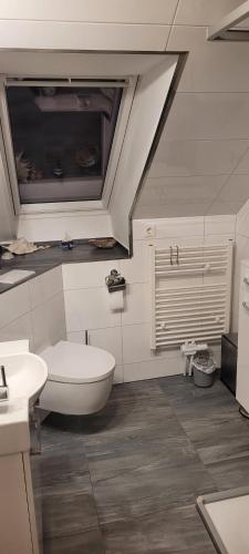 a bathroom with a white toilet and a sink at Fewo am Ith in Salzhemmendorf