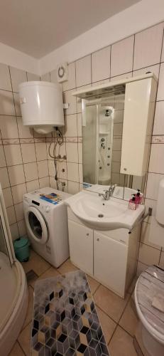 a bathroom with a sink and a washing machine at Apartman Lea in Crikvenica