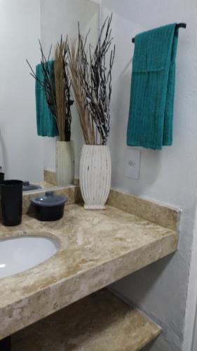 a bathroom with a sink and two vases on a counter at Pousada Cristal - Caraiva in Porto Seguro