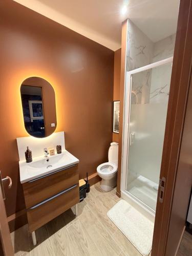 a bathroom with a toilet and a sink and a shower at Le Saphir avec Parking gratuit in Montigny-le-Bretonneux