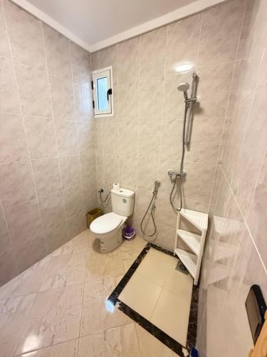 a bathroom with a shower and a toilet in it at Modern Apartment Driouch 1 in Driouch