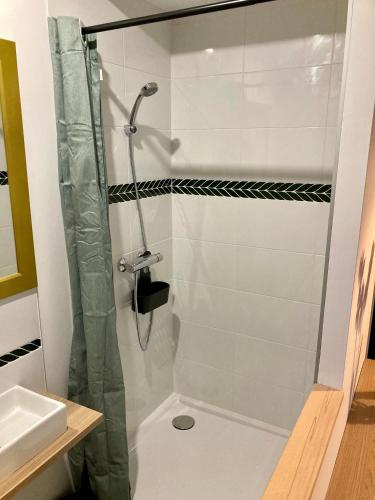 a shower with a glass door in a bathroom at Chambre paisible in Albi