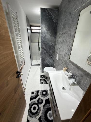 a bathroom with a sink and a toilet and a mirror at Apartman Hendek Tuzla in Tuzla