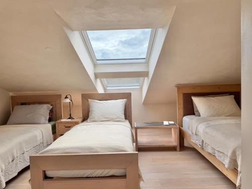 a attic bedroom with two beds and a skylight at Private Villa for 12 Peaceful Karst Escape in Dutovlje