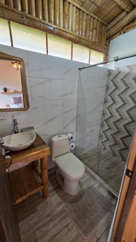 a bathroom with a toilet and a sink and a shower at Cabaña Mirador Calima in Mediacanoa