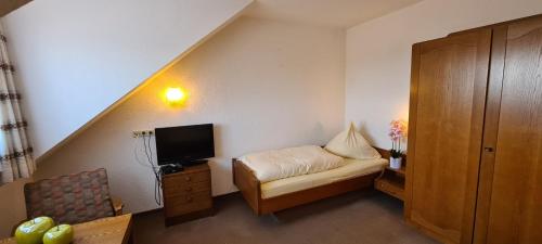 a small room with a bed and a tv at Pension Hauber - Hotzenwaldblick in Herrischried