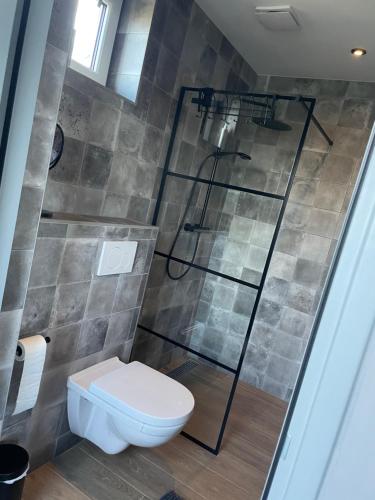 a bathroom with a toilet and a glass shower at Appartement in Meliskerke