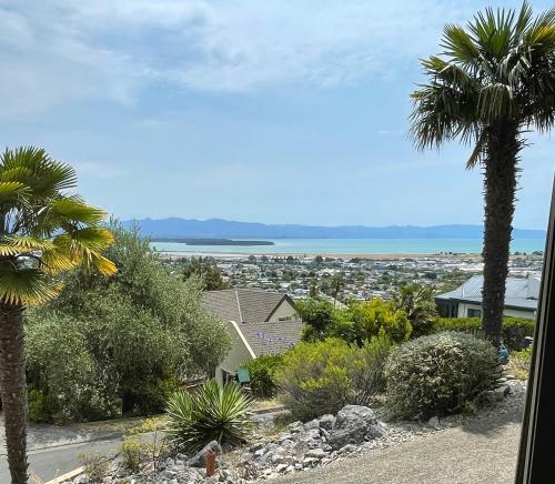 a view of the ocean from a house with palm trees at Citrus Grove in Nelson