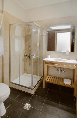 a bathroom with a shower and a sink and a toilet at Rouda Village in Mikros Gialos
