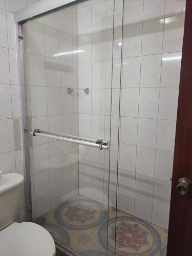 a bathroom with a glass shower with a toilet at Caye Caulker Plaza Hotel in Caye Caulker