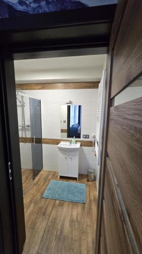 a bathroom with a sink and a mirror at Willa Bafijówka in Groń