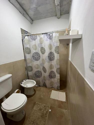 a bathroom with a toilet and a sink and a shower at Los dos Algarrobos in Villa Dolores