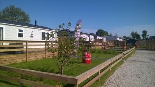 a tree in a yard next to a fence at Vakantie Chalet Makkum in Makkum