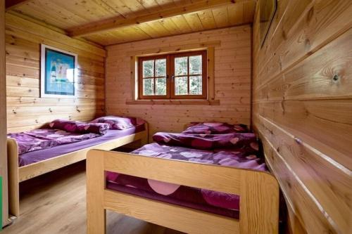 a log cabin with two beds and a window at Summer cottages in Kashubia in Gostkowo