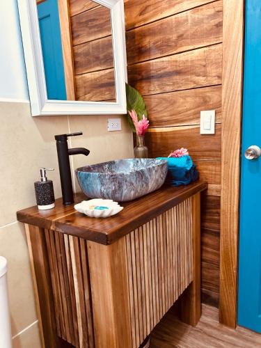a bathroom with a sink on a wooden counter at Blue Marlin in Bocas Town