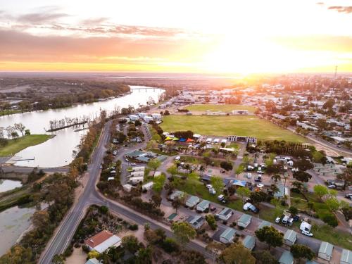 an aerial view of a city with a river at Berri Riverside Holiday Park in Berri