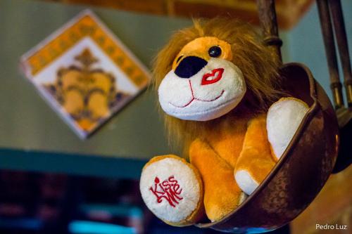 a stuffed lion is sitting in a mirror at Pousada Romântica Serra da Mata in Penedo