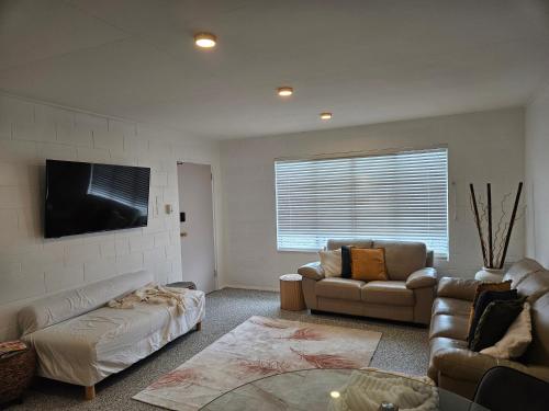 a living room with two couches and a flat screen tv at Modern Stylish Apartment in Ross River