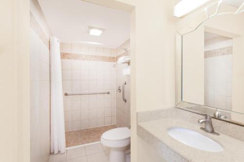 een badkamer met een toilet, een wastafel en een spiegel bij Travelodge by Wyndham Barstow in Barstow