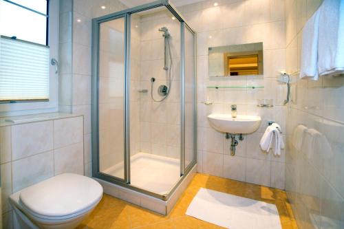 a bathroom with a shower and a toilet and a sink at Appartement MonAlisa in Sölden