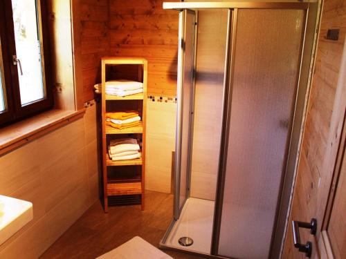 a small bathroom with a shower and a sink at Feriendorf X-Alp Lodges Ötztal in Sautens