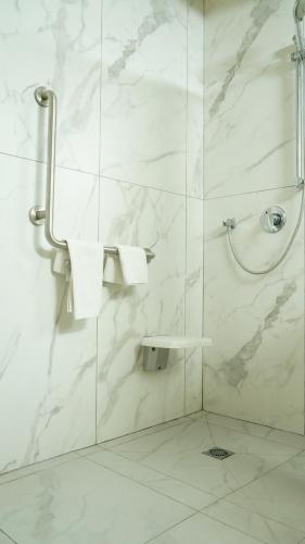 a bathroom with a shower with white marble walls at Aristocrat Hotel Glatt Kosher in Bene Beraq