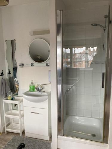 a bathroom with a shower and a sink at House on the Corner B&B in Didcot