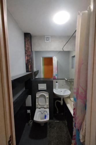 a small bathroom with a toilet and a sink at Airport 24h in Chişinău