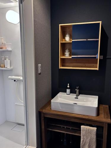 a bathroom with a white sink and a mirror at Olive retreat Sapporo 札幌市南区 一軒家の1フロア貸切 5名まで 2ベッドルーム 無料駐車場 登山 スキー場への好アクセス in Sapporo